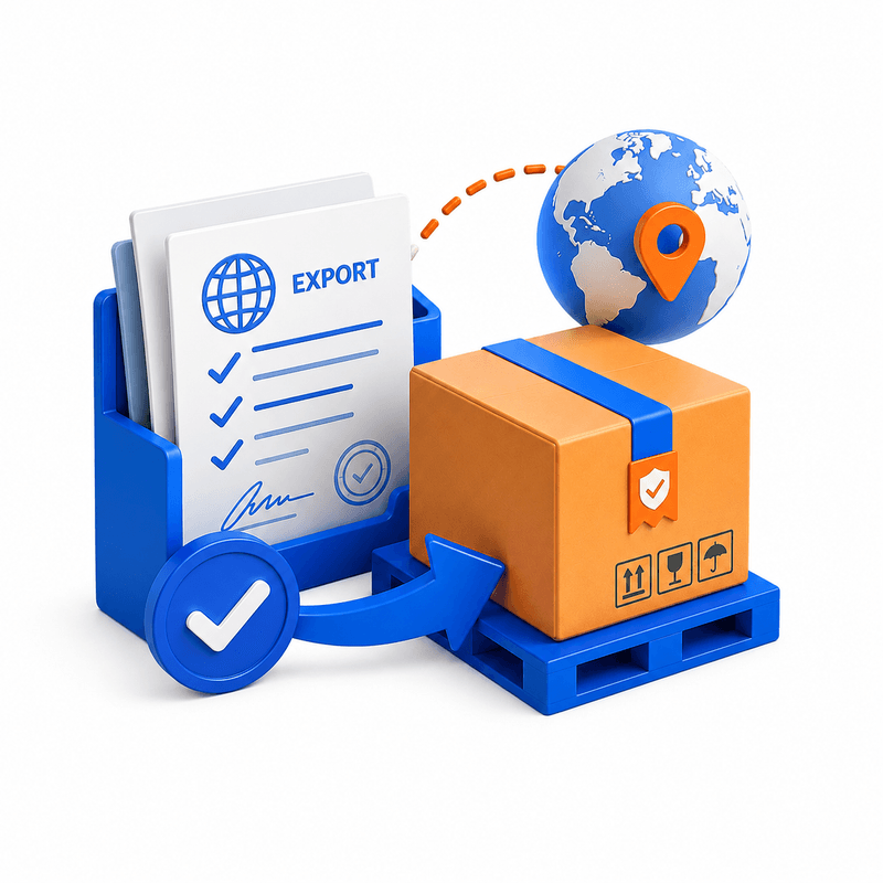 3D illustration of export shipping documents, a globe with delivery tracking, and packaged goods on a pallet, representing Zentrova Sourcing's order management and logistics handoff service