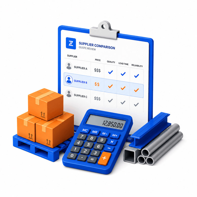 3D illustration of supplier quote comparison sheets with a calculator and product samples, representing Zentrova Sourcing's pricing evaluation, quality checks, and sample coordination