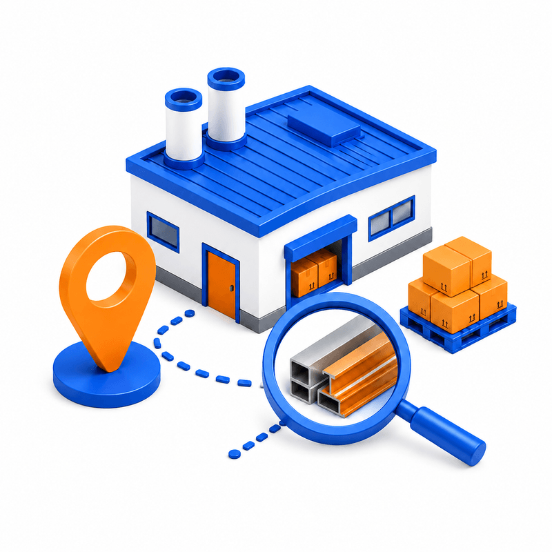 3D illustration of a Chinese factory warehouse with a location pin and magnifying glass, representing Zentrova Sourcing's supplier search and qualification process